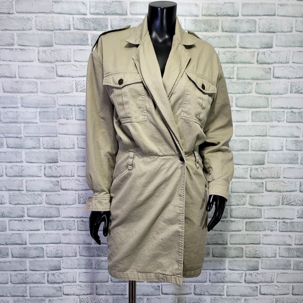 Vintage 90s DKNY Jeans Womens 2‎ Khaki Denim Wrap Long Sleeve Shirt Dress